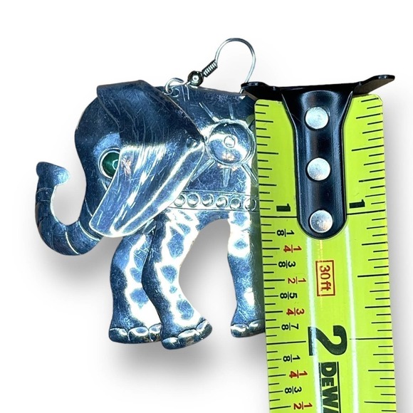 Hand Crafted Earrings Drop Style Elephant Engraved Metal with Glass Green Jewel - Picture 6 of 6